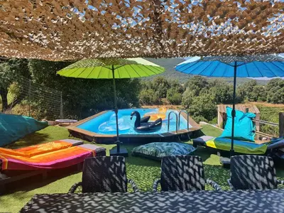 a backyard with a pool with chairs and umbrellas at FORCONE in Cauro
