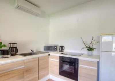 a kitchen with wooden cabinets and a stove top oven at Appartement tranquille en bas de villa in Afa