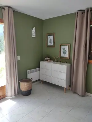 a green room with a dresser and a window at Les bergeries de Montestremo in Manso
