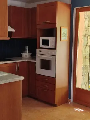 a kitchen with a stove and a microwave at Les bergeries de Montestremo in Manso