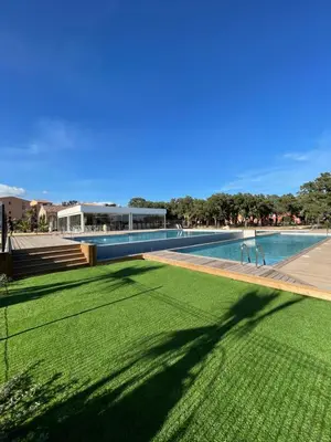 a swimming pool with green grass next to a building at Chez Jeff Lucchini in Lecci