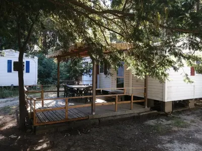 a cabin with a porch and a table on the porch at Résidence Santa in Ghisonaccia