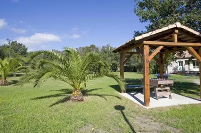 a gazebo and a palm tree next to a bench at Residence Scopa Marina in Poggio-Mezzana