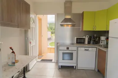 a kitchen with green cabinets and a white appliance at Residence Scopa Marina in Poggio-Mezzana