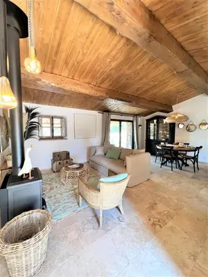 a living room with a couch and a fireplace at Casetta Tinuta in Sainte-Lucie de Porto-Vecchio