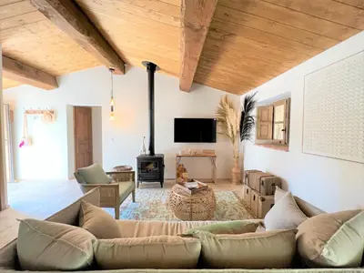 a living room with a couch and a fireplace at Casetta Tinuta in Sainte-Lucie de Porto-Vecchio