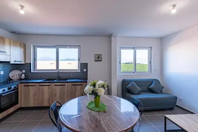 a kitchen with a table and a blue couch at Les Terres Rouges in Aléria
