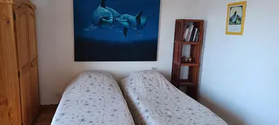 a bedroom with two beds and a book shelf at face à la mer in Propriano
