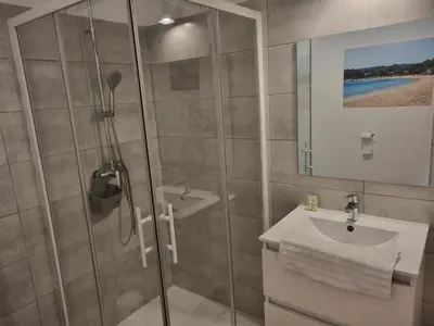 a bathroom with a shower and a sink at Fiori Di Cala Rossa Très beau studio au sein d'une résidence hôtelière avec piscine et plage Cala Rossa à 600m in Lecci