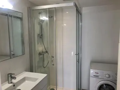 a bathroom with a shower and a sink and a washing machine at Appartement centre ville avec piscine et vue mer in Sari Solenzara