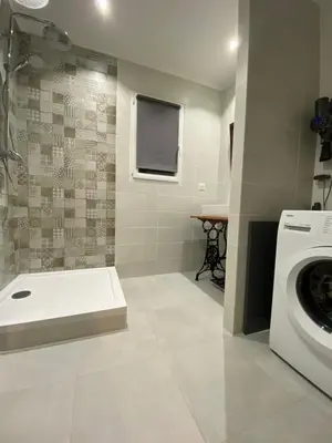 a bathroom with a washing machine and a sink at Gîte à la ferme chez Félix et Marie-Ca in Vallecalle