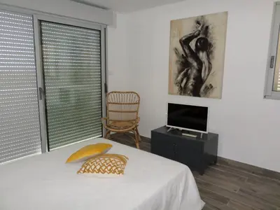 a bedroom with a bed and a tv and a window at Villa vue mer et nature route de Cigala in Sollacaro