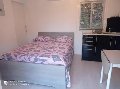 a bedroom with a bed and a table and a desk at U San Francescu Maisonette Modulaire Type studio in Volpajola