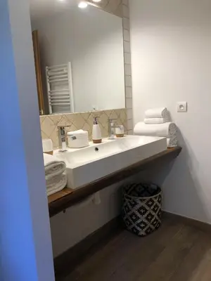 a bathroom with a white sink and a mirror at Domaine Pardini in Porto-Vecchio