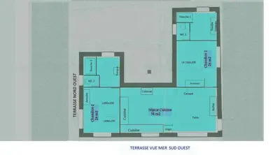 a floor plan of a building with blue at VILLA 4pers, STUNNING SEA VIEW, BEACH ON FOOT 4* in Olmeto