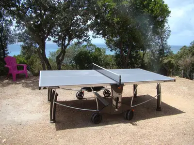 a ping pong table in front of a purple chair at VILLA 4pers, STUNNING SEA VIEW, BEACH ON FOOT 4* in Olmeto