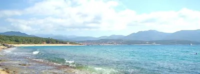 a view of a beach with mountains in the background at VILLA 4pers, STUNNING SEA VIEW, BEACH ON FOOT 4* in Olmeto