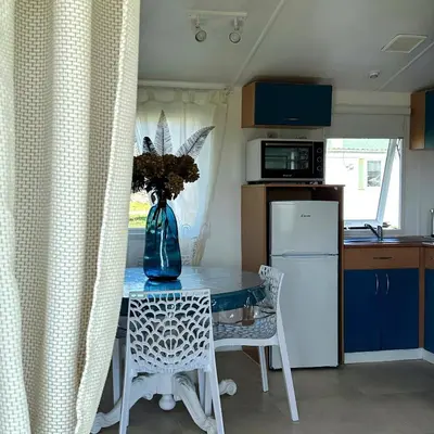 a kitchen with a table with a vase of flowers on it at les bungalows de Lisa Maria in SERRA DI FIUMORBO