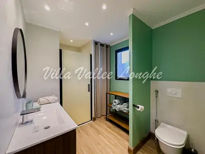a bathroom with a white toilet and a green wall at Villa Talasani in Talasani