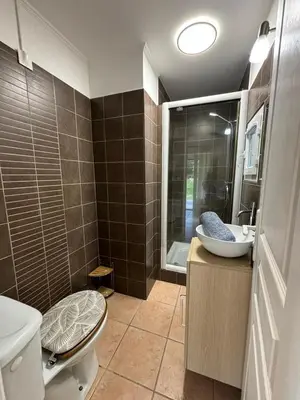 a bathroom with a toilet and a sink and a mirror at Charmante maisonnette situé au calme proche d'Ajaccio. in Afa