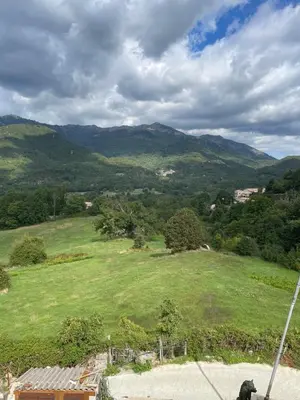 a view of a green field with mountains in the background at chez marie jo Chez marie jo in Cozzano