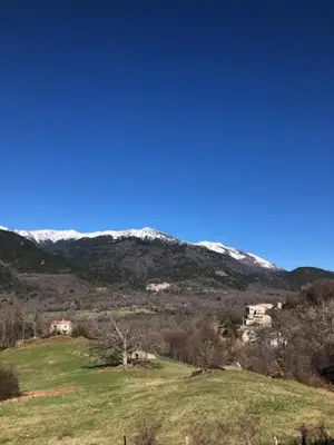 a green field with snow capped mountains in the background at chez marie jo Chez marie jo in Cozzano