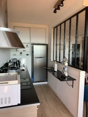 a kitchen with a refrigerator and a counter top at Appartement « Marinella » splendide vue mer aux Sanguinaires in Ajaccio