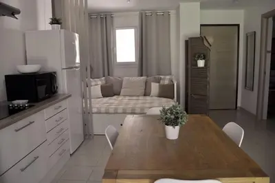 a kitchen and living room with a table and a couch at Appartement charmant en Corse avec terrasse au calme in Santa-Lucia-di-Moriani
