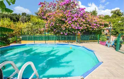 a swimming pool with a tree with pink flowers at 2 Bedroom Cozy Home In San Nicolao in San-Nicolao