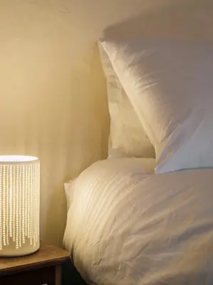 a bed with a white pillow and a table with a lamp at Eco lodge Carbonaccio in Chiatra