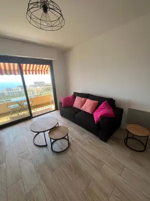 a living room with a black couch and two tables at SUPERBE APPARTEMENT FACE AUX ILES SANGUINAIRES in Ajaccio