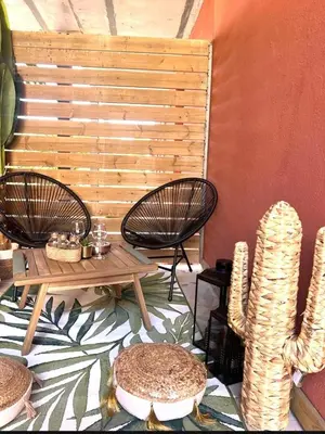 a patio with two chairs and a table and cactus at Résidence hôtelière les hameaux de saint cyprien 25 M2 in Lecci