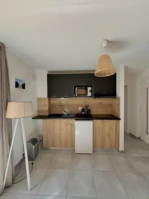 a living room with a couch and a table at Résidence hôtelière les hameaux de saint cyprien 25 M2 in Lecci