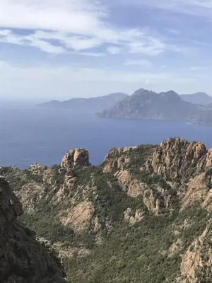 a view of the ocean from a mountain at Modern villa 5 double bedrooms, new AC, private pool and stunning view 800 m from beach in Sagone