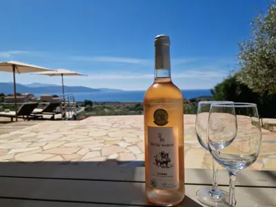a bottle of wine and two glasses on a table at Modern villa 5 double bedrooms, new AC, private pool and stunning view 800 m from beach in Sagone