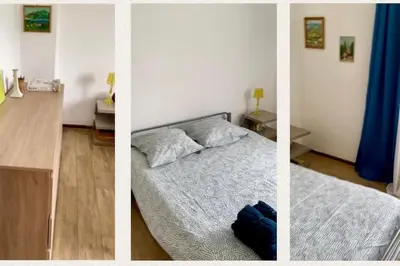 three pictures of a bedroom with a bed and a desk at Villa Jeannette in Grosseto-Prugna
