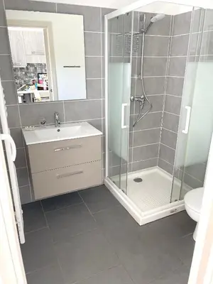 a bathroom with a shower and a sink and a toilet at Appartement convivial à Cervione, 35 m², piscine partagée in Cervione