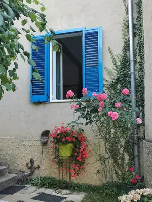 a window with a blue shutter and some flowers at Casa Maria in Vico