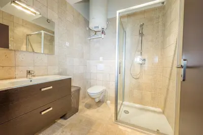 a bathroom with a shower and a sink and a toilet at Maisons Jumelées in Piana