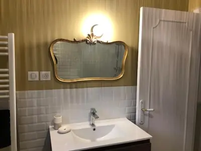a bathroom with a sink and a mirror at A CASA DI GEMMA in Appietto