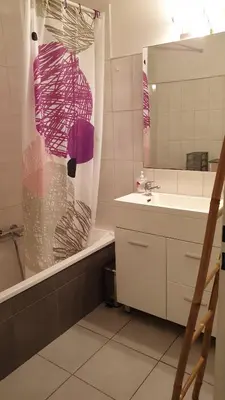a bathroom with a sink and a shower with a mirror at Beau T3 70m2 Ajaccio in Ajaccio