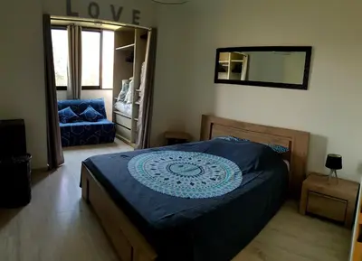 a bedroom with a bed with a blue comforter and a mirror at Beau T3 70m2 Ajaccio in Ajaccio
