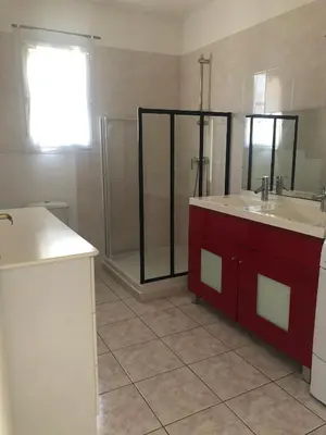 a bathroom with a shower and a sink and a counter at Superbe Appartement Vue Montagne Proximités Grandes Surfaces in Poggi