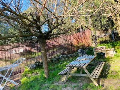 a picnic table under a tree next to a fence at Mobilhome à la campagne in Porto-Vecchio