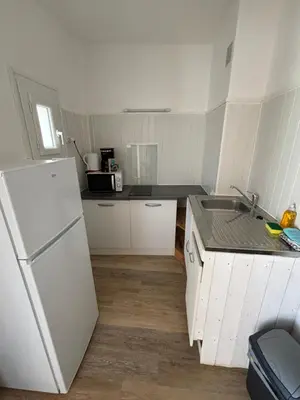 a kitchen with a white refrigerator and a sink at Résidence Punta paliagi in Calcatoggio