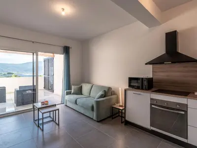 a kitchen and living room with a couch and a stove at Studio Studio Côté Sud 29 by Interhome in Porto-Vecchio