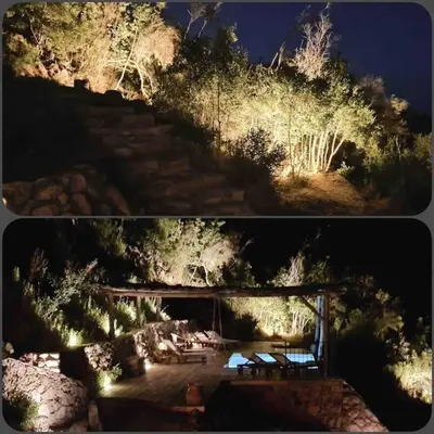 two pictures of a park with a bridge and benches at Villa Falcone marinu ***** in Kamiesch