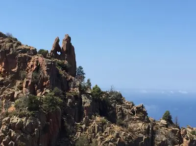 a rocky mountain with trees on top of it at Appartement dans maison de village in Piana