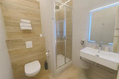 a bathroom with a toilet and a sink and a shower at Hôtel du Nord in Corte