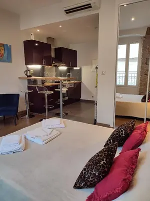 a living room with a couch with pillows on the floor at Studio de 25m2 - Extra centre - À 5 min à pied des plages - Commerces et restaurants sur place - Clim - Wifi - EXCEPTIONNEL in Ajaccio